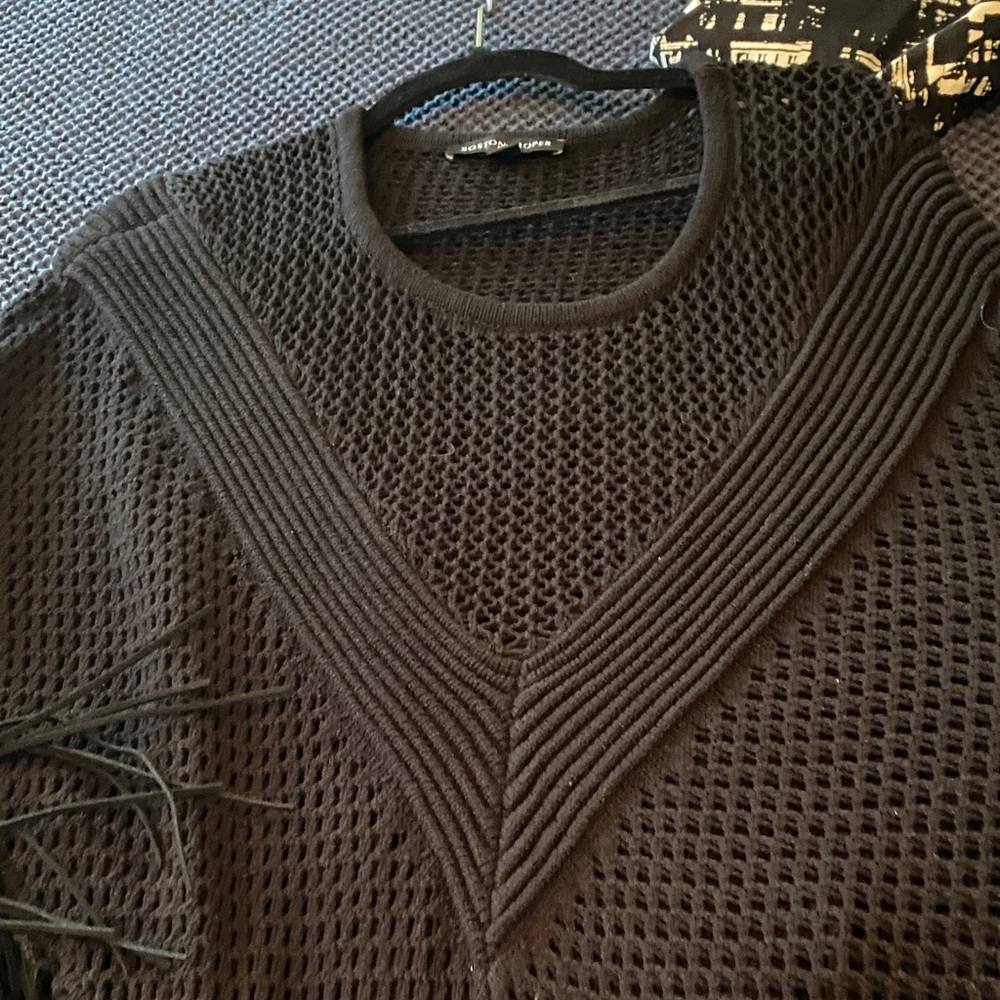 Boston Proper Black Fringe Poncho Top